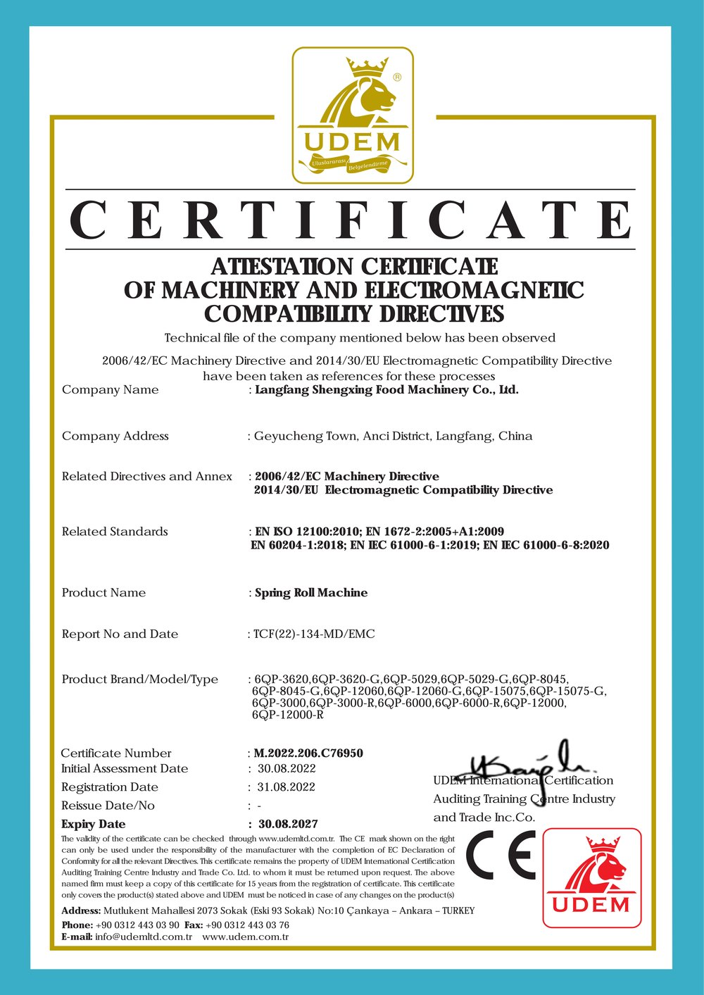 CE Certificate — EU Machinery & EMC Directives